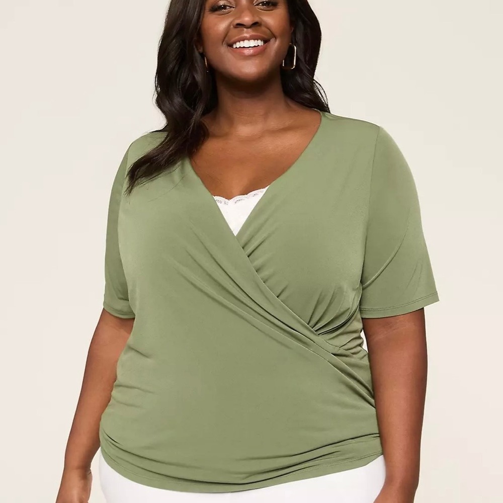 Olive Green Wrap Top V Neck Stretch Short Sleeve Blouse 22/24 Lane Bryant